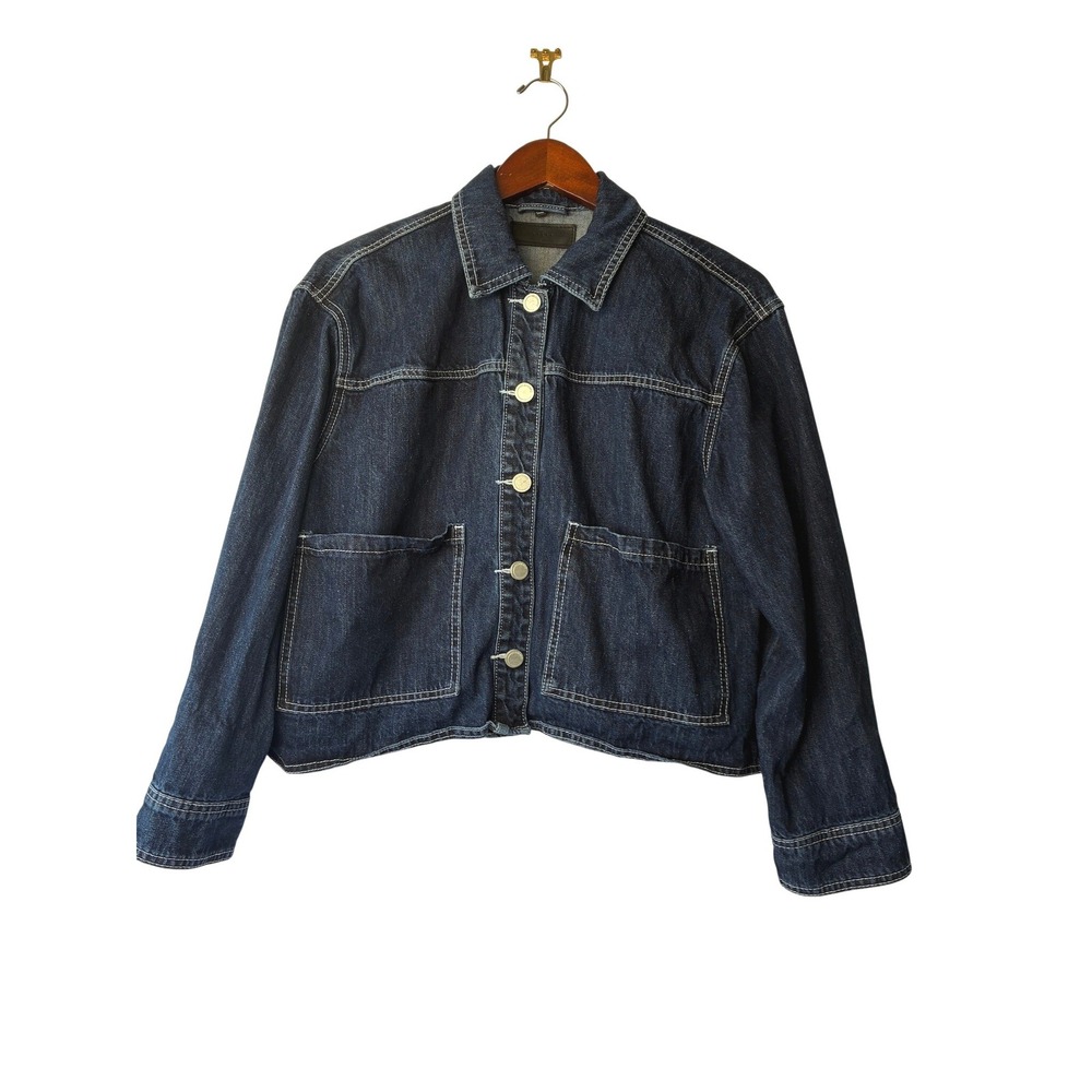 Blank NYC Dark Wash Denim Shacket Chore Coat Boxy Jacket Contrast Stitch Size S